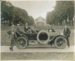 George C. Davis, known for his love of cars, is posing with his friends in the car with University of Virginia rotunda in the background. Davis Photographic Records, (OP 51 Davis, G-15). Photographer/Artist: George C. Davis.
